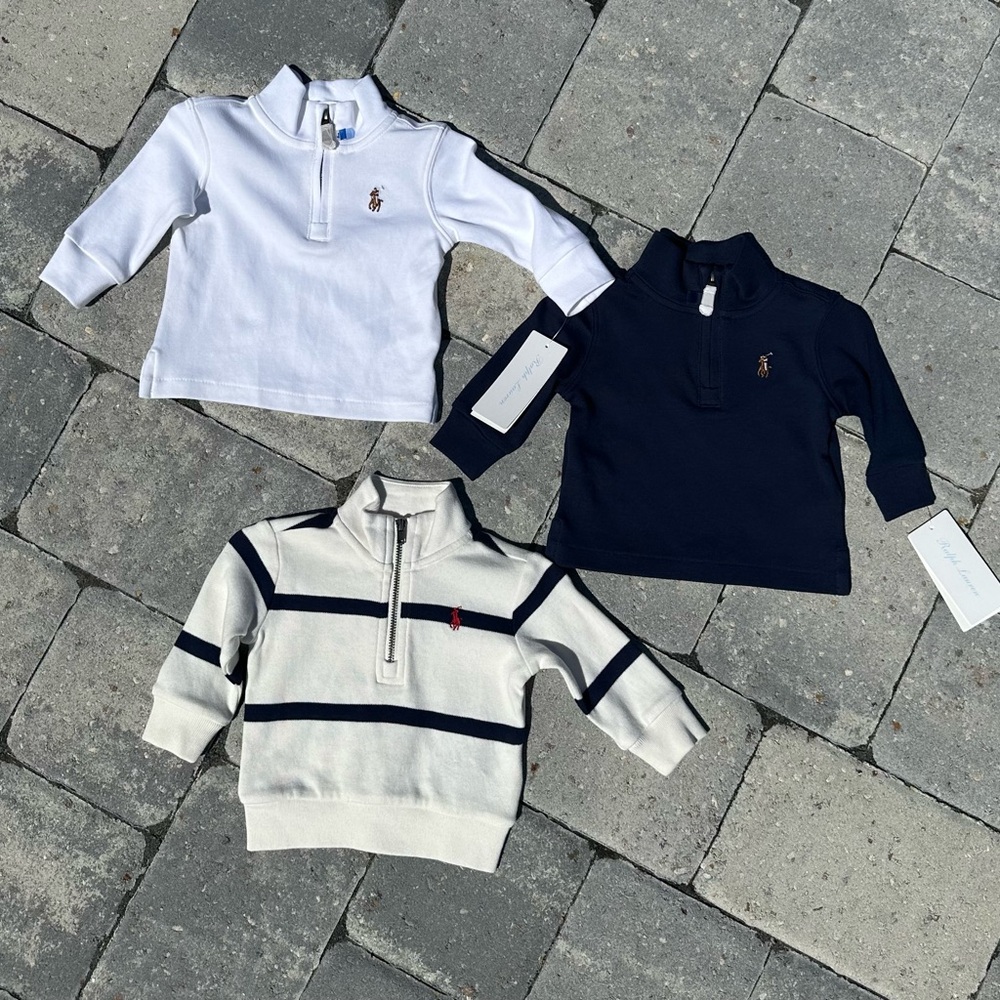 Ralph Lauren Kids Half-Zip Sweatshirts in White, Navy & Cream Stripe